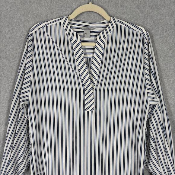 H&M‎ Blouse Womens 6 Small White Blue Striped Tunic Popover Shirt Career Office - Picture 2 of 11